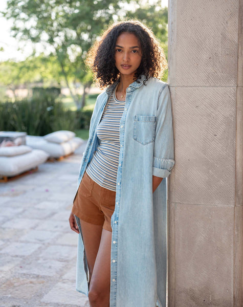 Mersea Women's Charlotte Chambray Button Up Shirt Dress in Open Sky