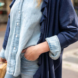 Person wearing a navy cardigan over a light blue shirt and jeans.