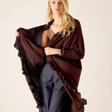 Chocolate brown ruffled kimono wrap with wide sleeves and a flowing silhouette.