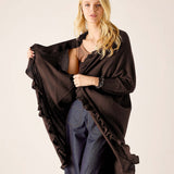 Chocolate brown ruffled kimono with a relaxed fit and flowing silhouette.