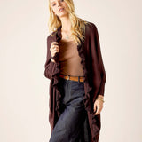 Chocolate ruffled kimono wrap with wide-sleeves and a textured finish.