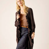 Chocolate brown ruffled knit kimono wrap.