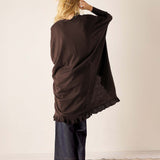 Chocolate brown ruffled kimono with wide sleeves and flared hem.