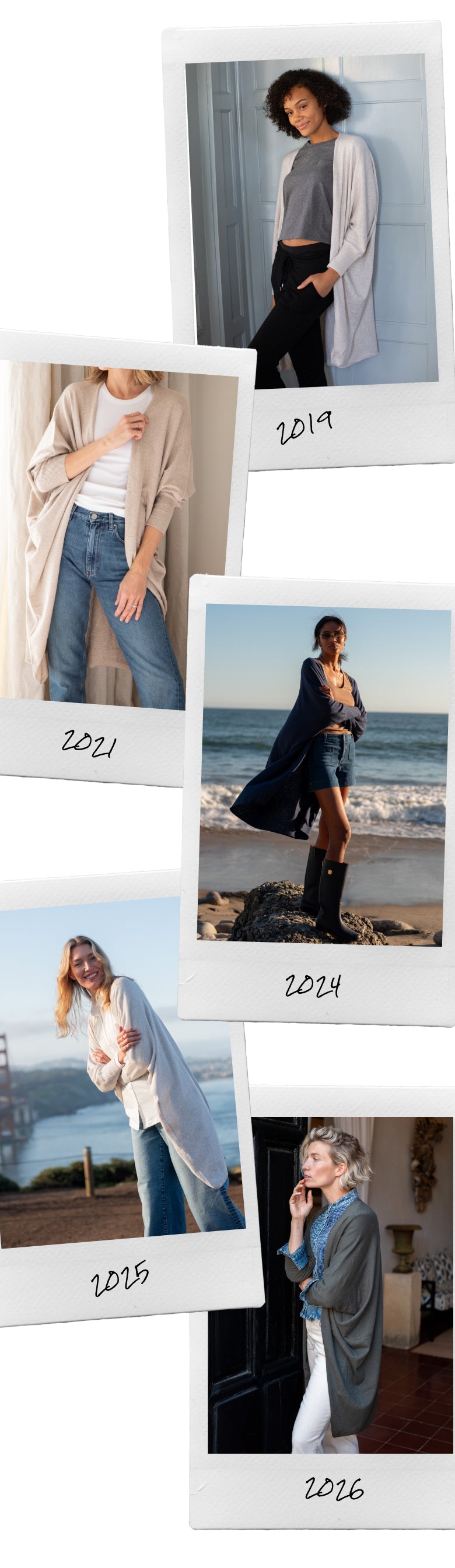 A collage of several photos showing models in various resort wear outfits, featuring a beach setting and sunset tones. Text: 2019, 2021, 2023, 2024, 2025, 2026.