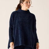 MERSEA women's travel-friendly navy chenille turtleneck sweater with a relaxed fit and soft knit feel.