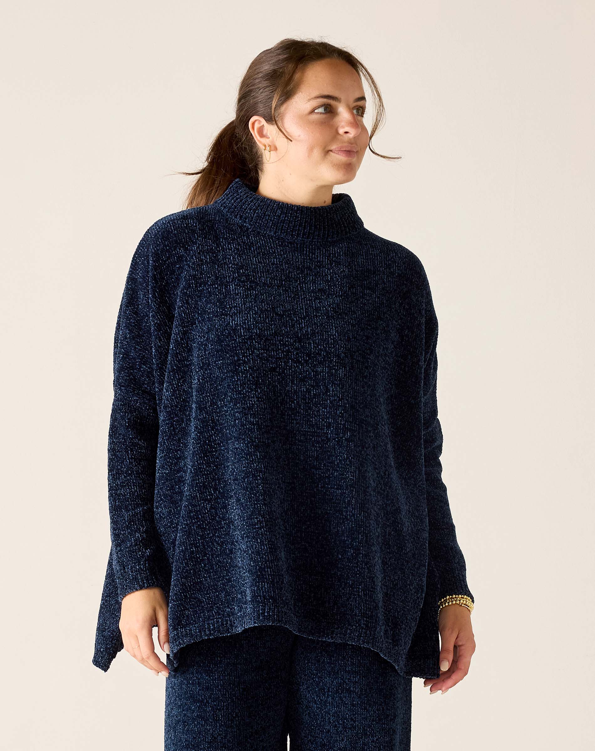 MERSEA women's travel-friendly navy chenille turtleneck sweater with a relaxed fit and soft knit feel.