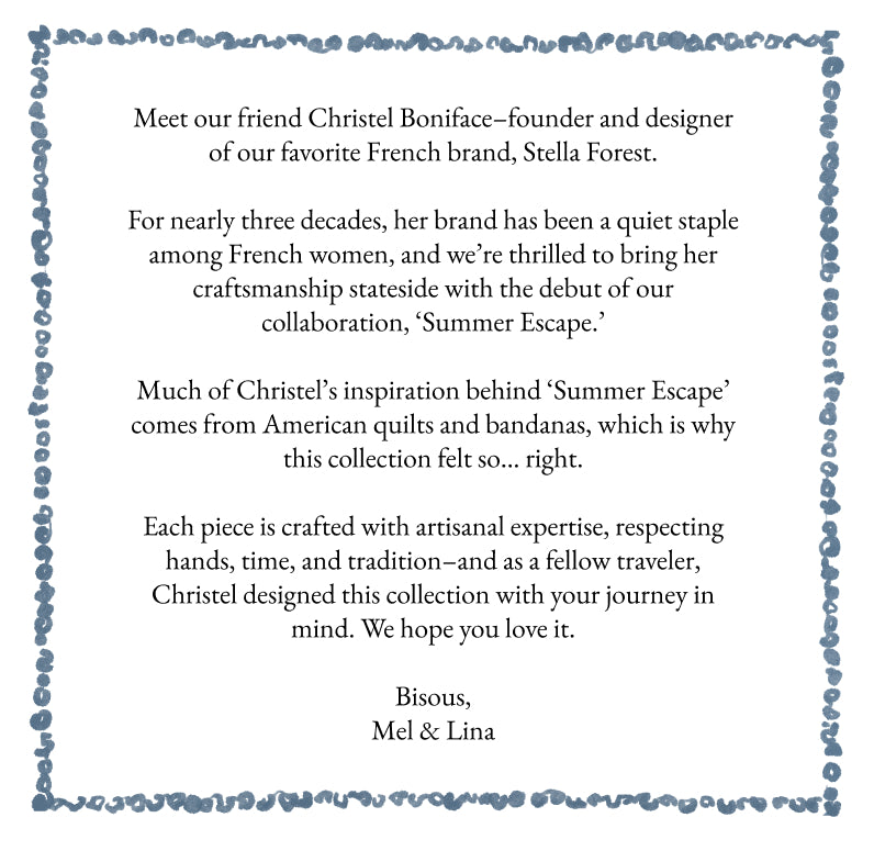 Text about Christel Boniface and Stella Forest brand collaboration on a white background with decorative blue border.