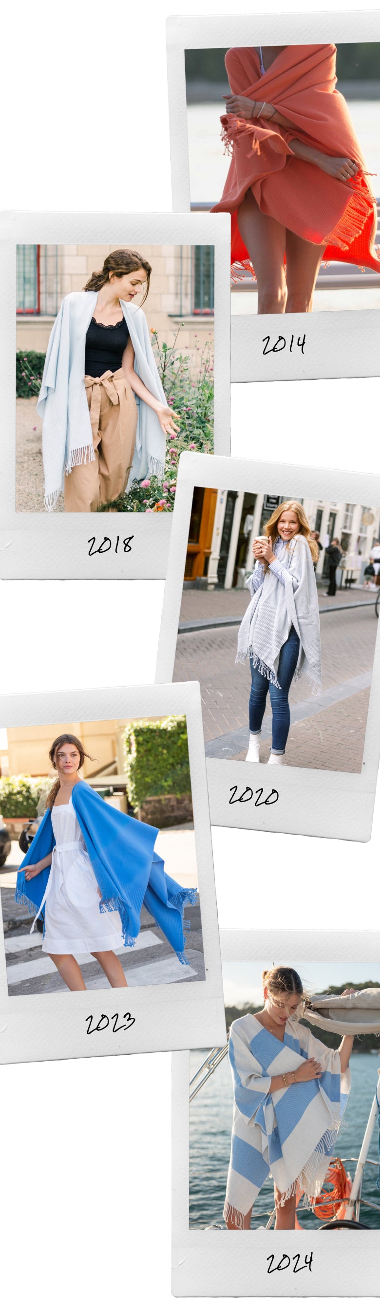 A timeline of models showcasing various wrap styles and travel layers in coastal and outdoor settings.