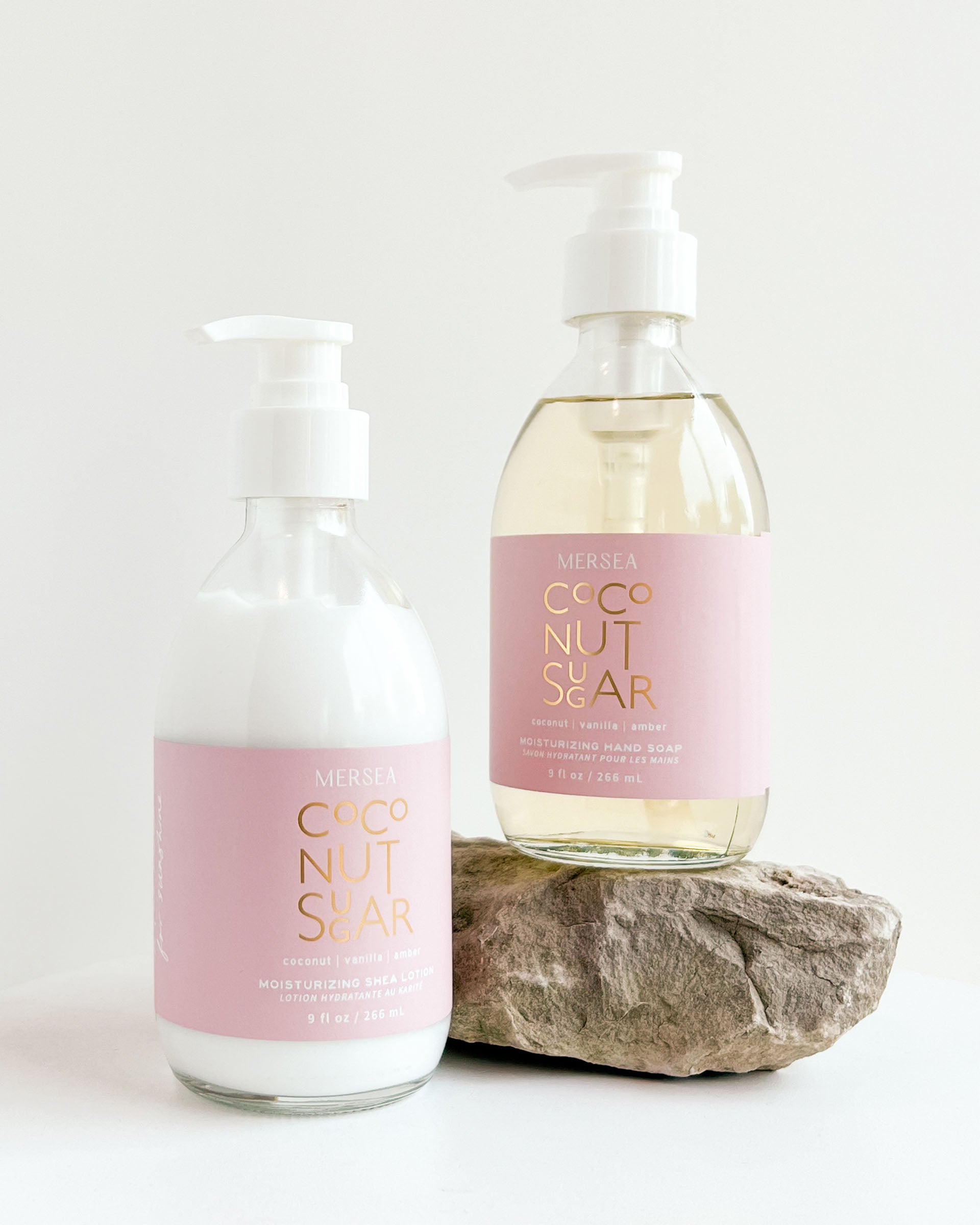 mersea coconut sugar liquid hand soap and lotion on white background