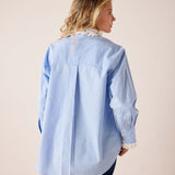 Back view of women's travel-friendly light blue oversized cotton button-down shirt with a removable eyelet lace collar.