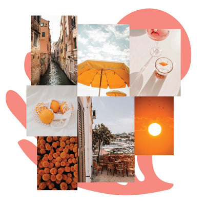 Collage of orange flowers, sunsets, oranges and umbrellas