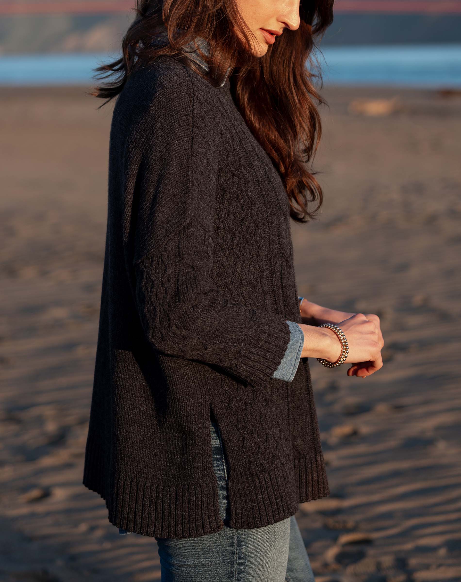 Charcoal cable knit oversized sweater with ribbed hem and cuffs