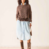 Ladies' travel-ready brown cable-knit ribbed wool sweater with a textured knit pattern.