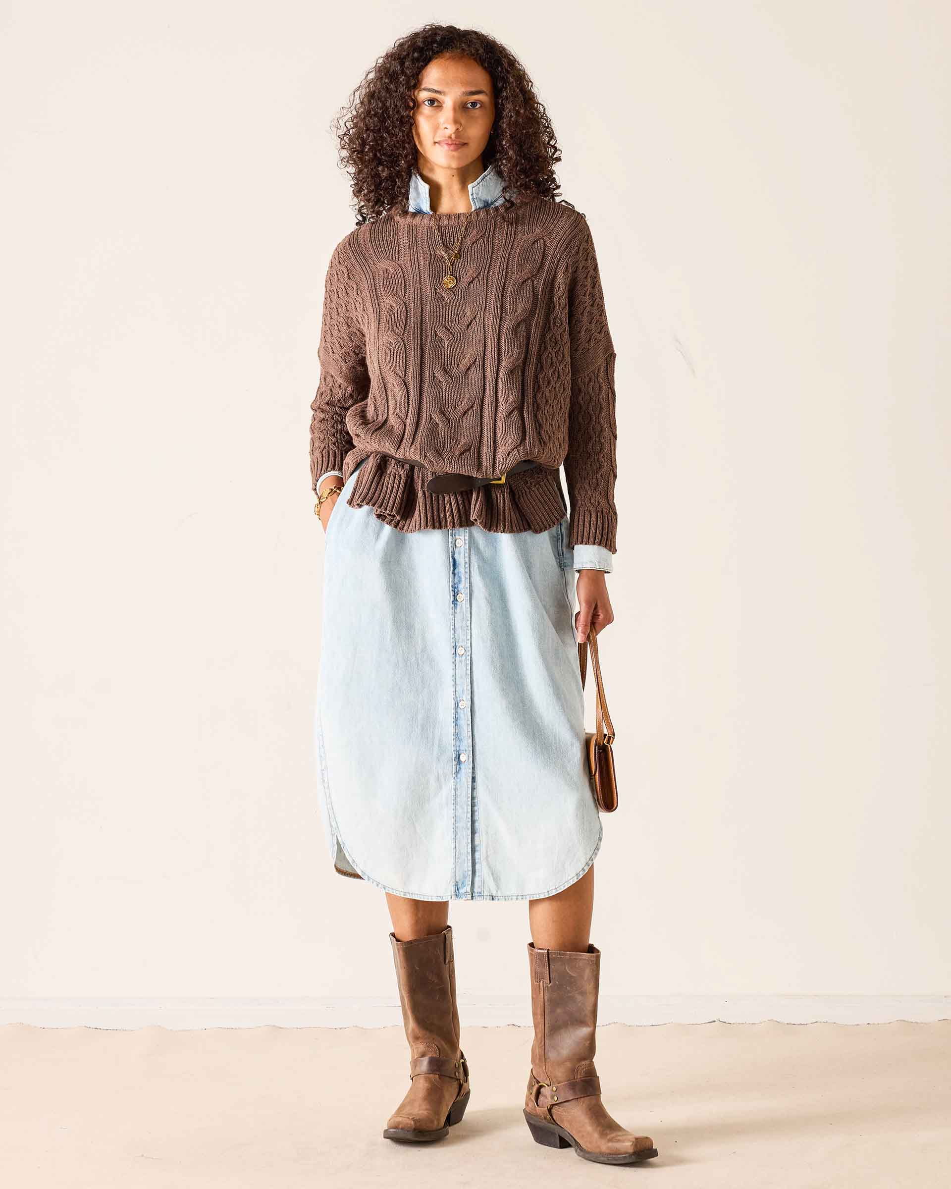 Ladies' travel-ready brown cable-knit ribbed wool sweater with a textured knit pattern.
