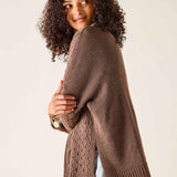 Brown ribbed knit cotswold sweater with cable knit detailing.