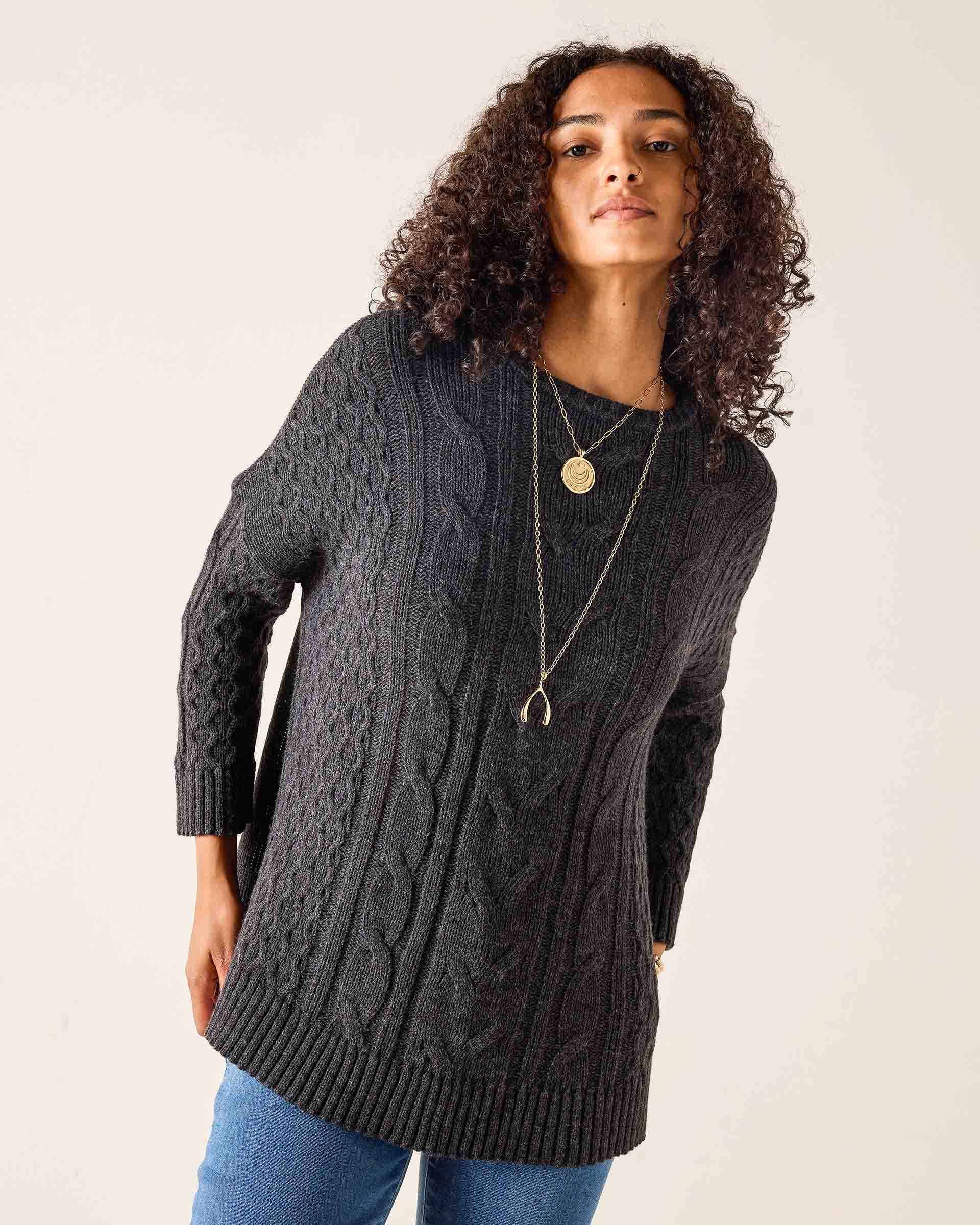 Charcoal cable knit oversized sweater.