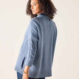 Misty blue cable knit sweater with a ribbed hem and textured details