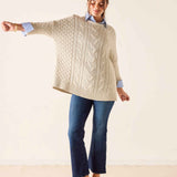 Sea salt cream knit cotton sweater with cable and pointelle stitch patterns.