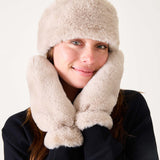 Oatmeal cream faux fur hat and mittens set.