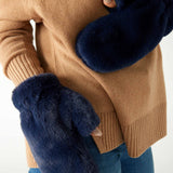 closeup of mersea cozy cabin faux fur mittens with exposed thumb in oxford blue