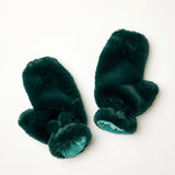 Women's travel-friendly pine green faux fur mittens with a plush fuzzy finish and teal interior lining.