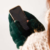 Pine green faux fur mittens with a soft plush finish.