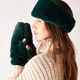 Pine green faux fur headband and matching mittens with a soft, plush finish.