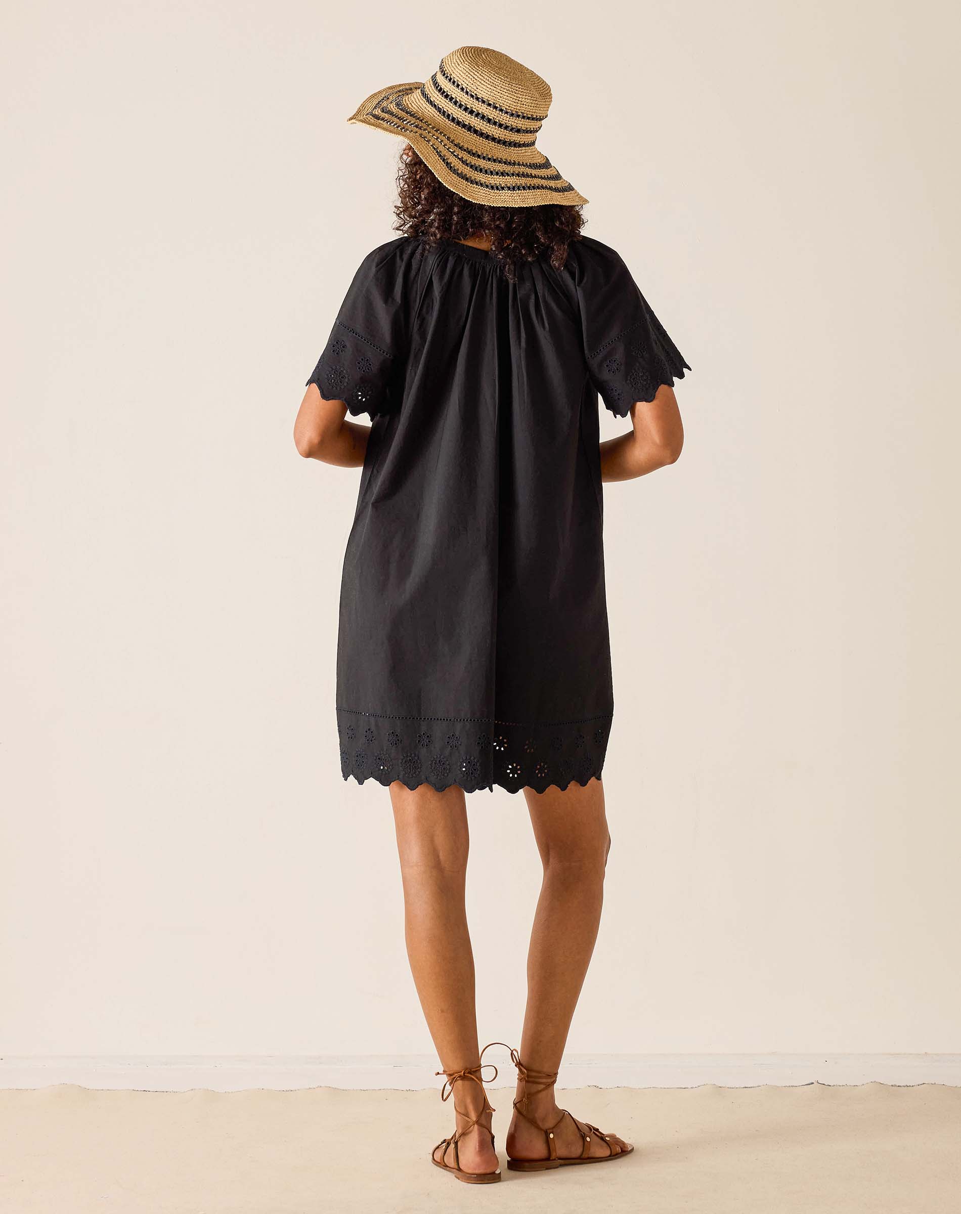 Person wearing a black dress and straw hat on a plain background