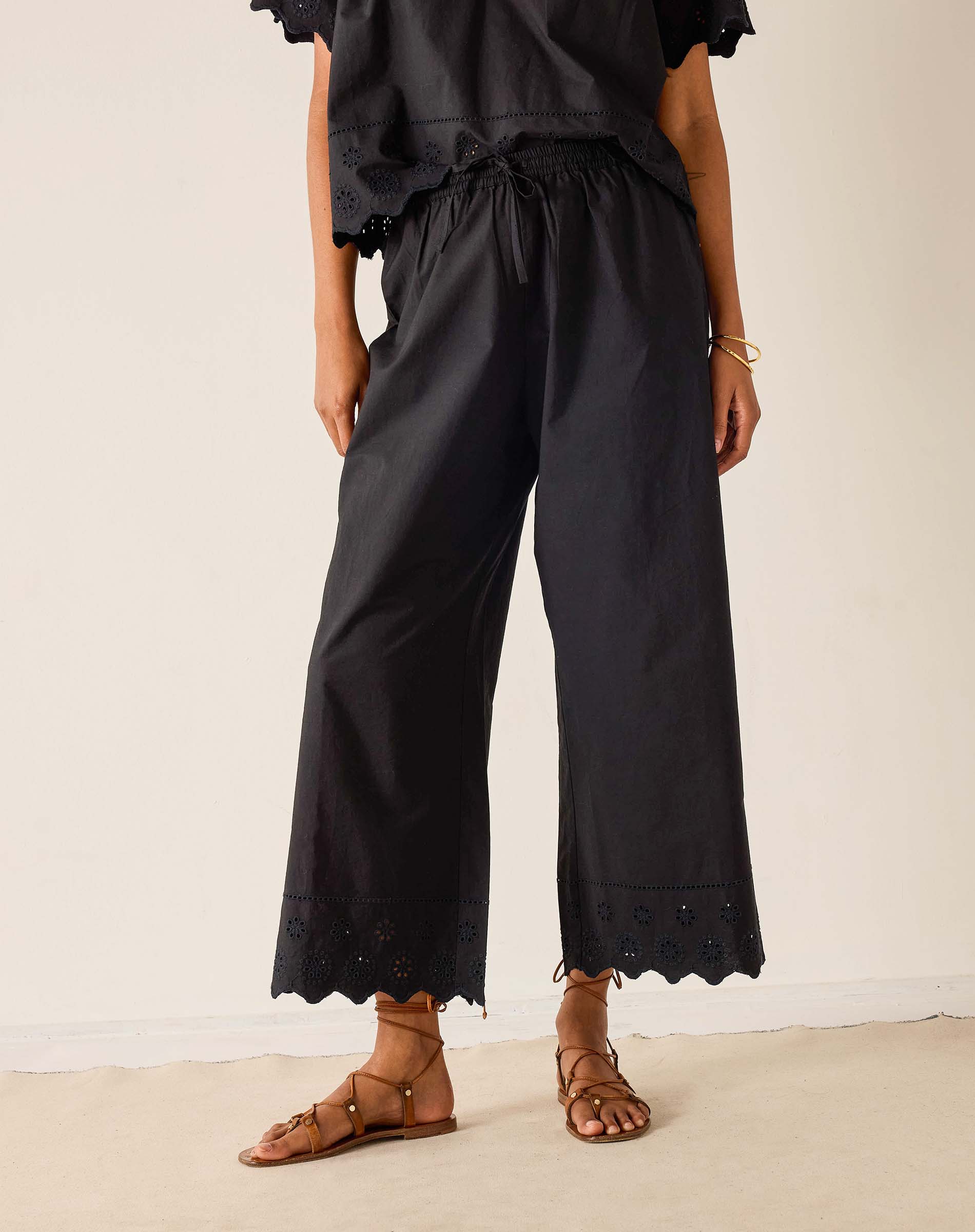 Person wearing black wide-leg pants with lace details on a plain background