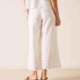 Person wearing white pants with eyelet details on a plain background