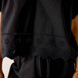 Black top with intricate lace detailing on a plain background