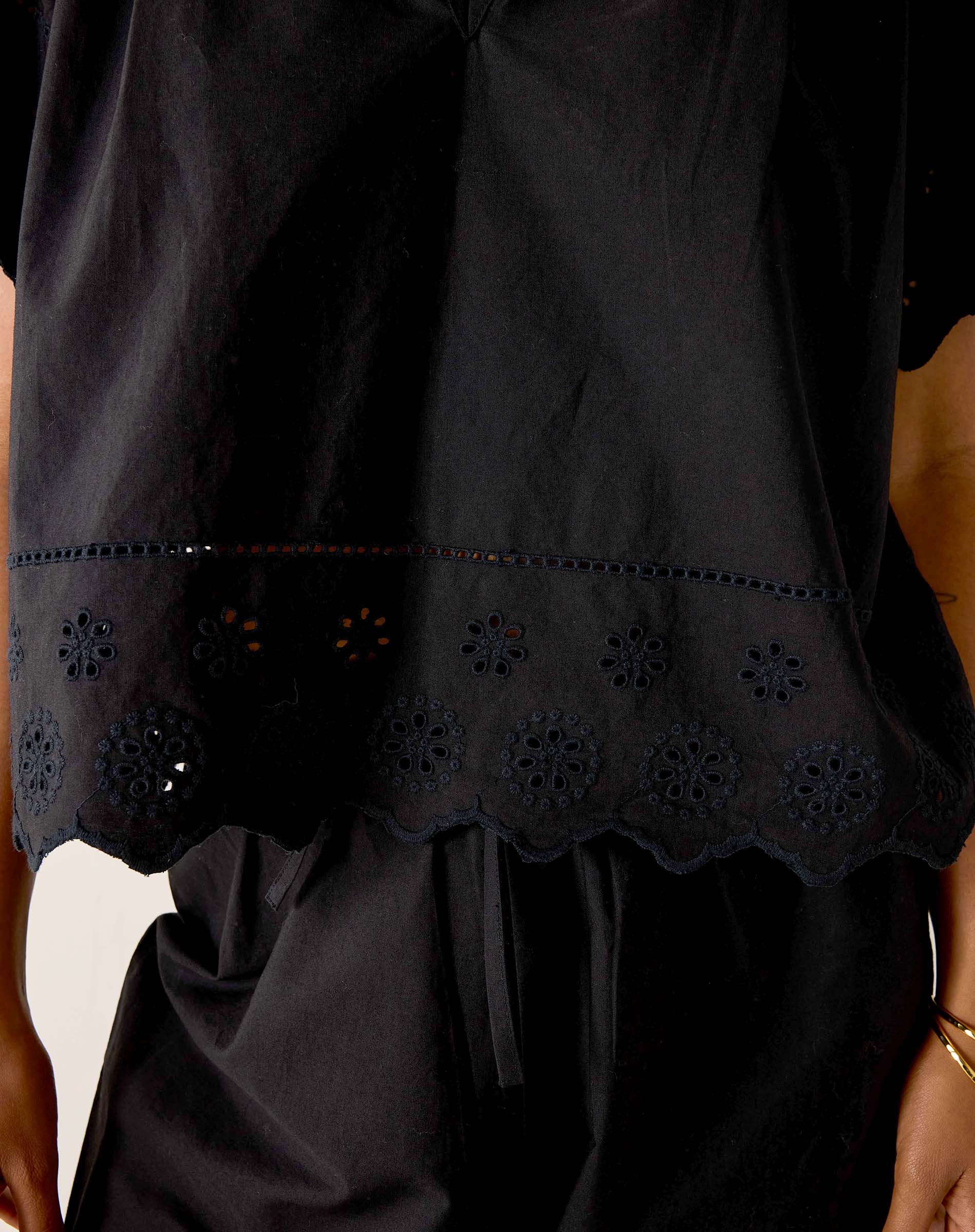 Black top with intricate lace detailing on a plain background