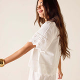 Woman wearing a white dress with intricate cut-out patterns on a plain background