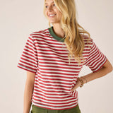 Red and white striped ringer tee with a green trim collar.