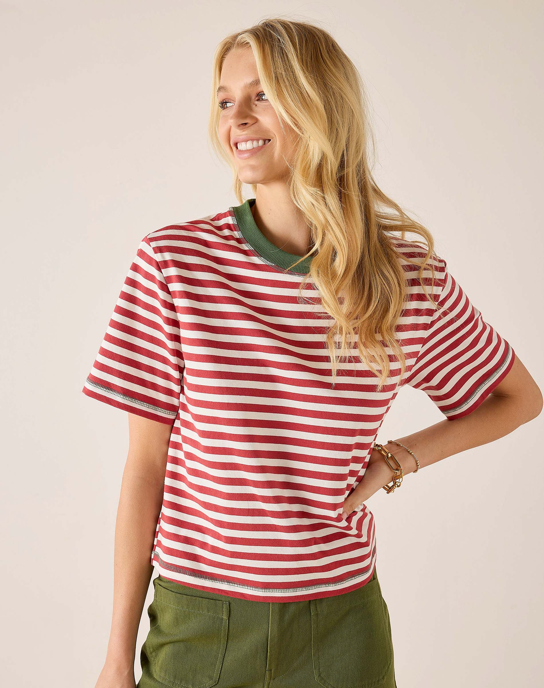 Red and white striped ringer tee with a green trim collar.