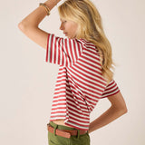 Red and white striped ringer tee in currant-colored fabric with a cropped fit.