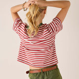 Back view of the currant-colored striped ringer tee with a boat neck and short sleeves.