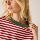 Currant and jade striped ringer tee with a contrasting green collar.