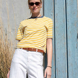 Golden rod and indigo striped ringer tee with short sleeves.