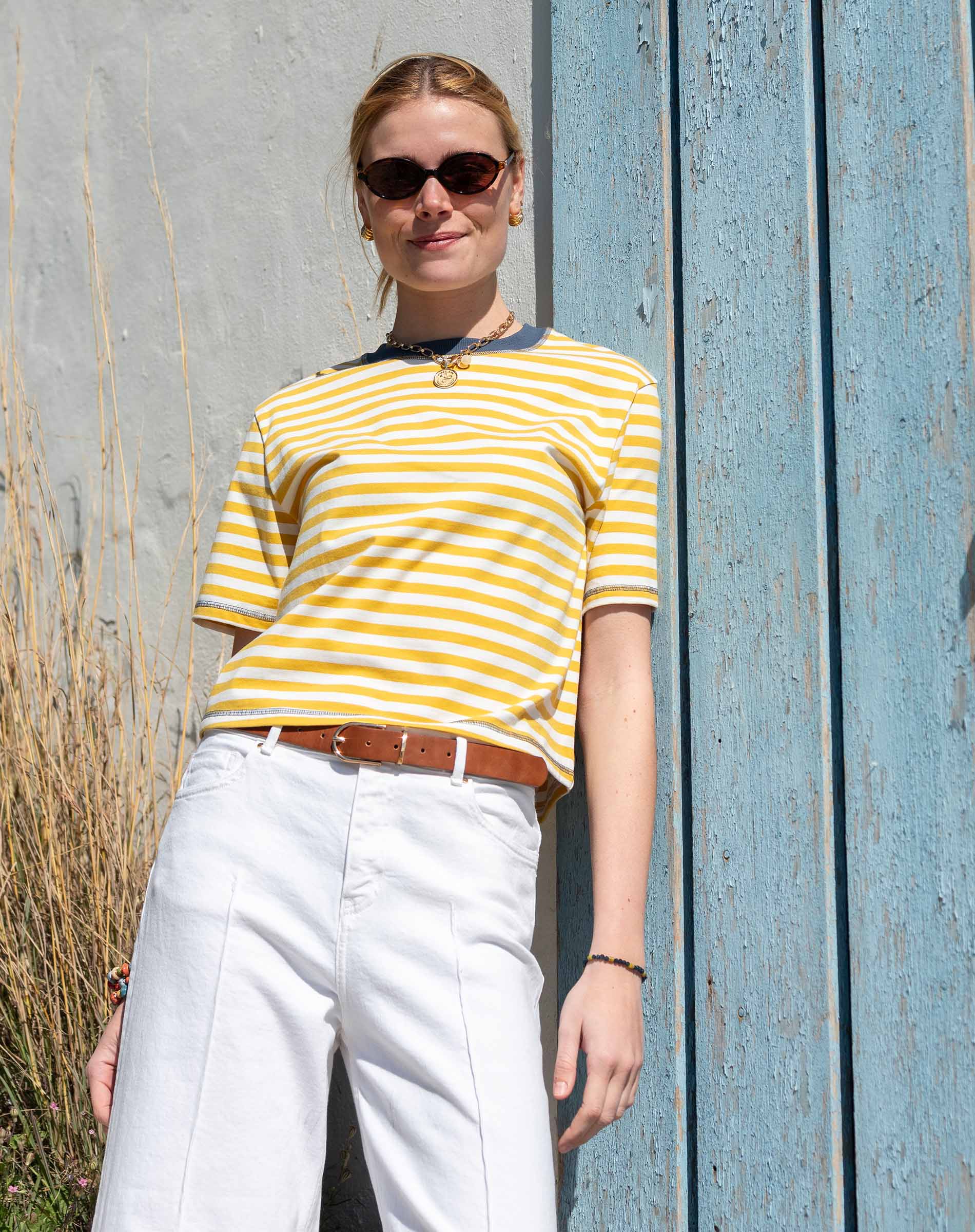 Golden rod and indigo striped ringer tee with short sleeves.