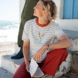 Deauville ringer tee in slate blue and persimmon with striped pattern and contrast trim.