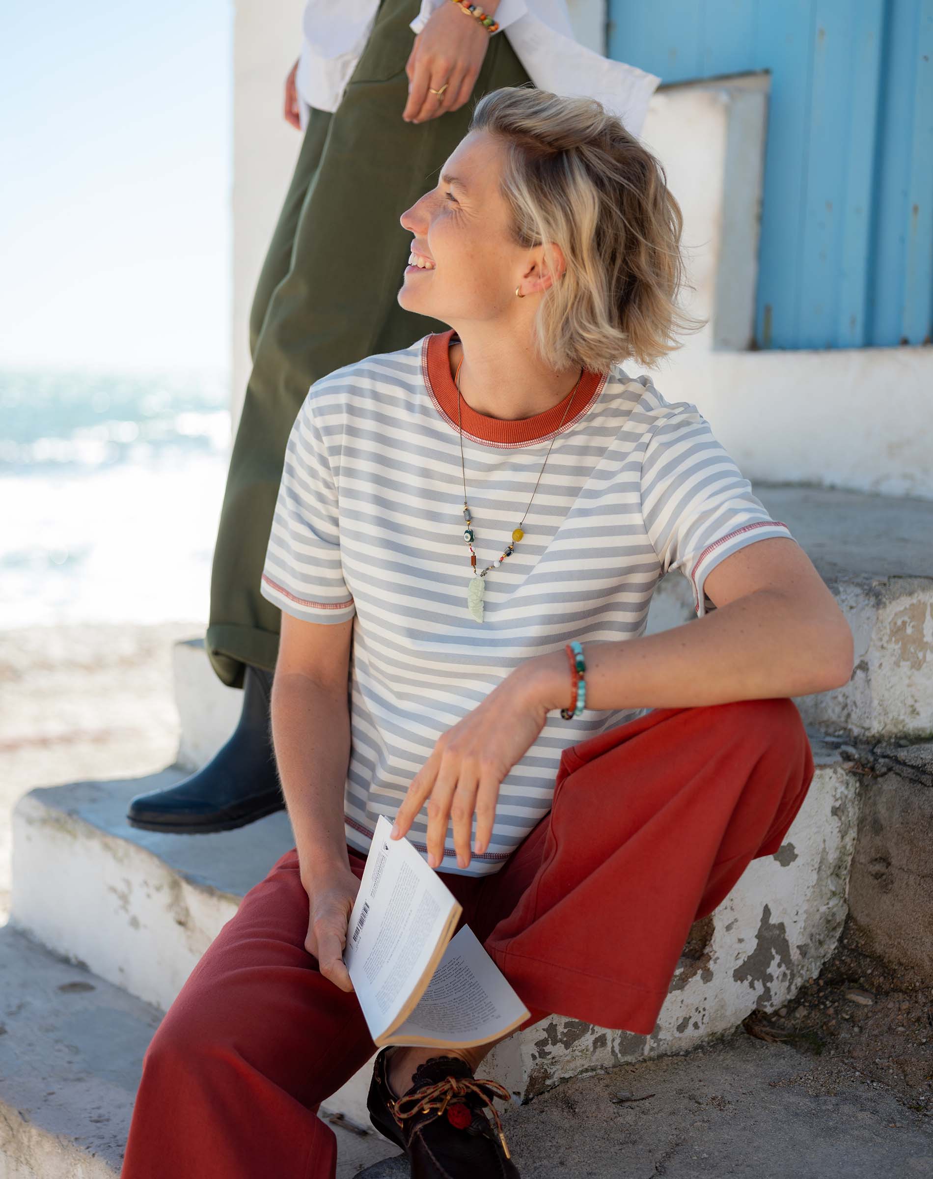 Deauville ringer tee in slate blue and persimmon with striped pattern and contrast trim.