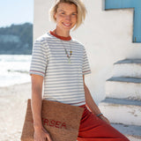 Slate blue and persimmon striped ringer tee with a contrast collar.