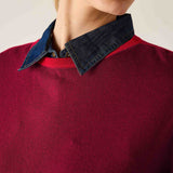 Sangria knit sweater with a layered denim collar