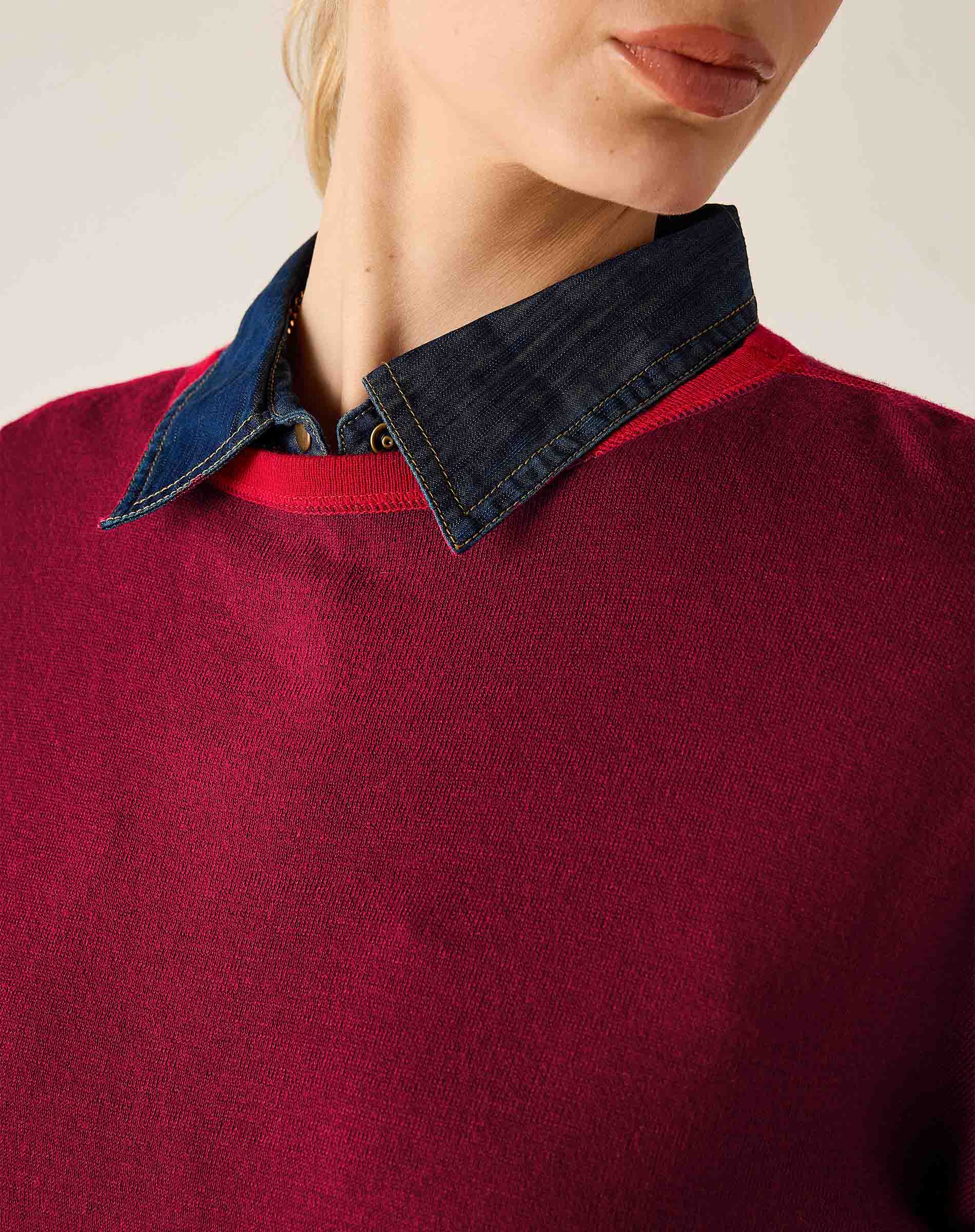 Sangria knit sweater with a layered denim collar