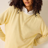 Person wearing a yellow sweater with a plain background