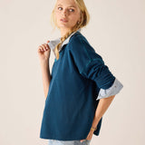 Deep teal v-neck knit top with a layered shirt detail and long sleeves.