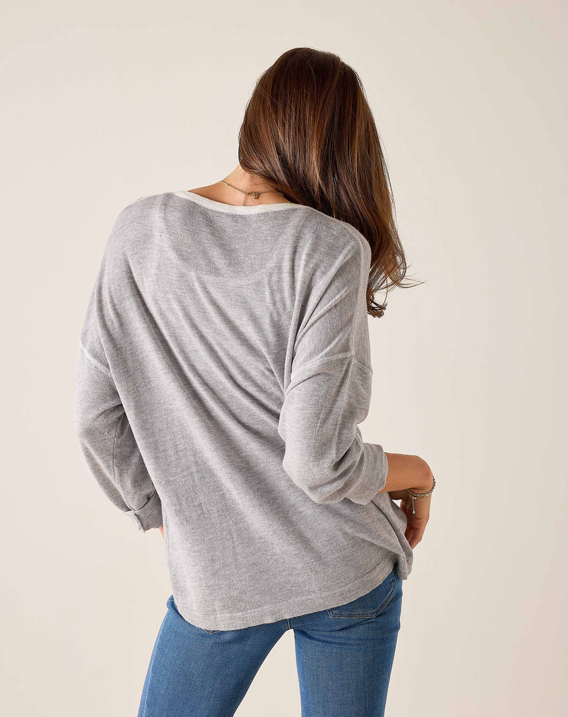 Back view of the silver cloud v-neck knit top with long sleeves.