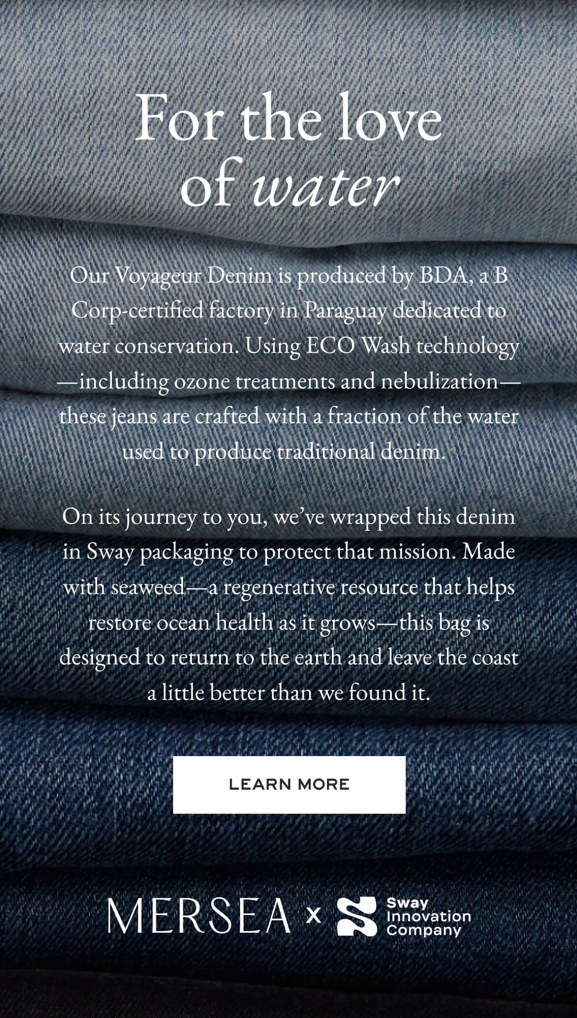 Stack of denim jeans with text about water conservation and eco-friendly production methods, featuring Mersea branding.