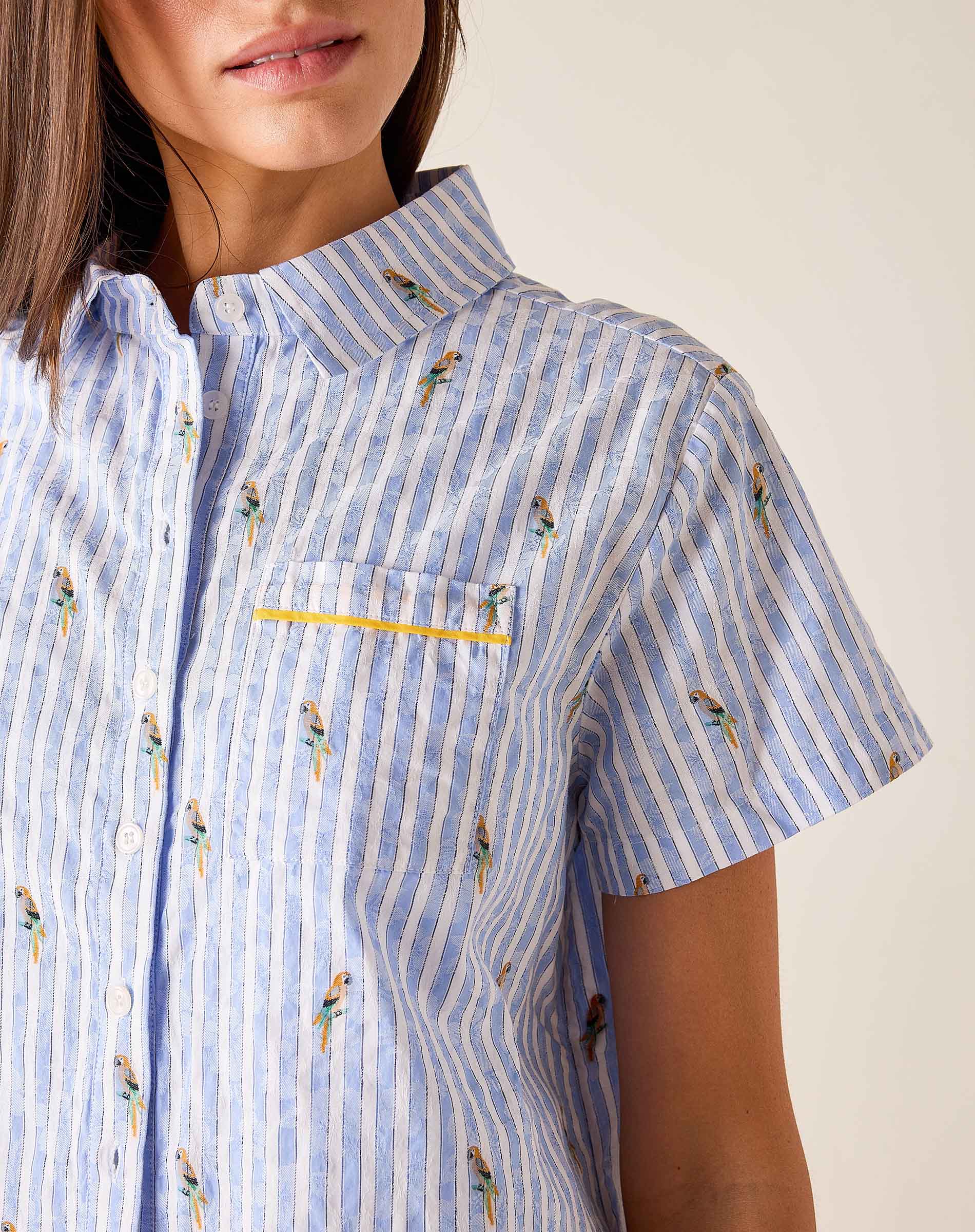 Close-up of a person wearing a blue and white striped shirt with small patterns on a plain background